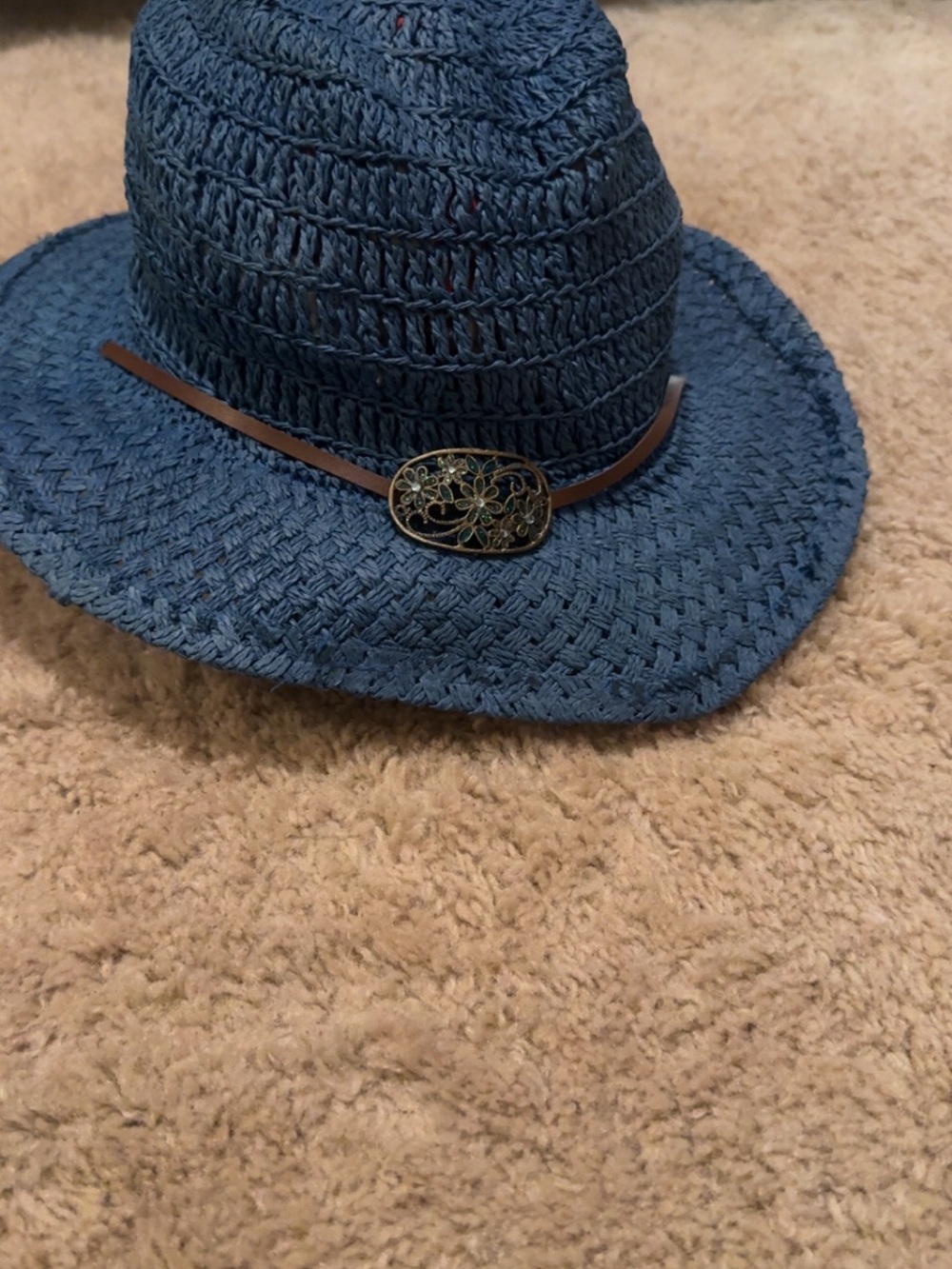 Blue Straw Fedora Hat with Brown Band